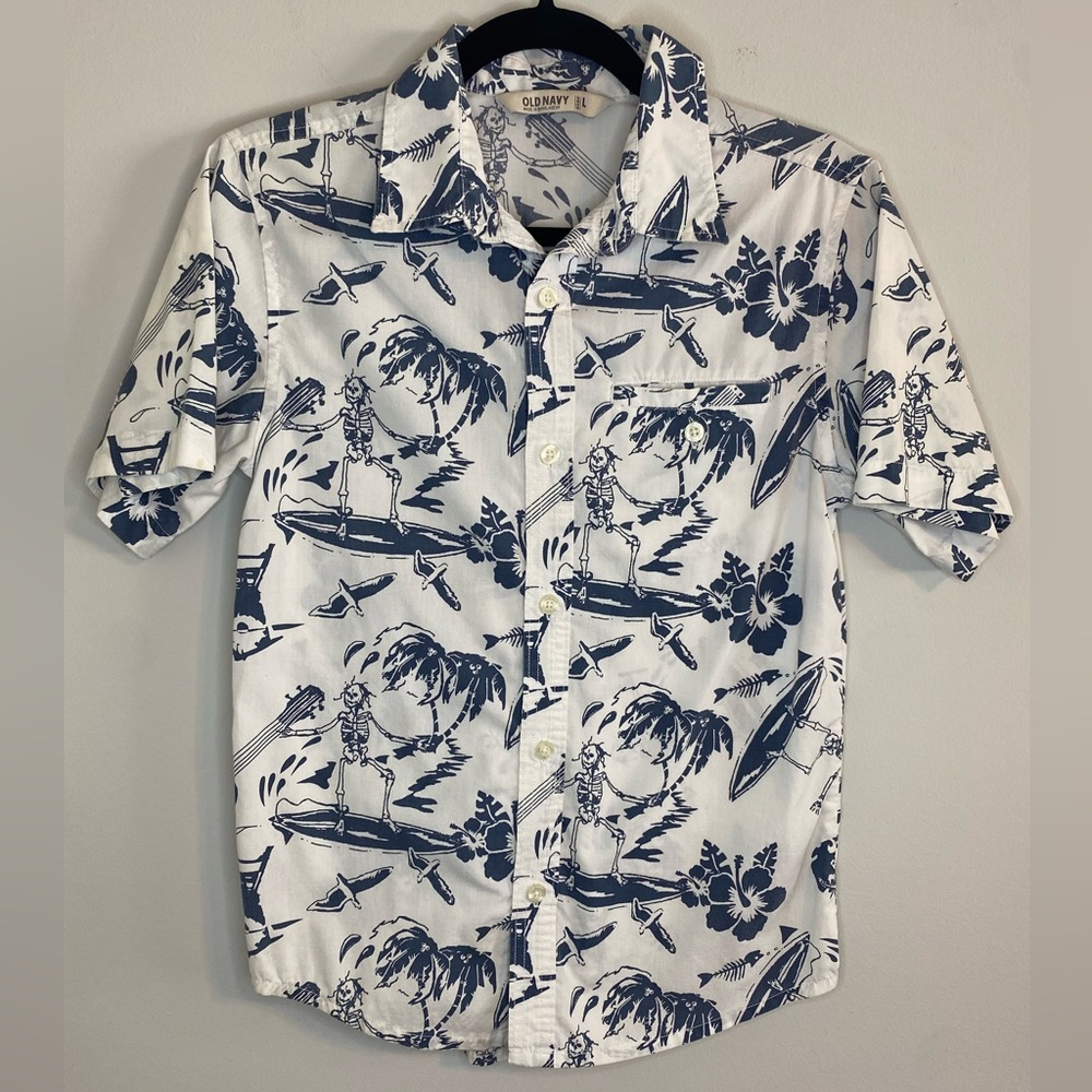 Old Navy Men’s Size Large Surfing Skeleton Tropical Hawaiian Guitar Beach